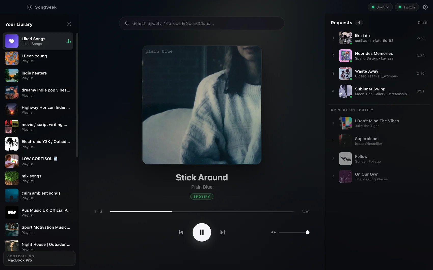 SongSeek dashboard showing the Spotify library sidebar, the now playing track with album artwork, and a queue of viewer song requests from Twitch chat