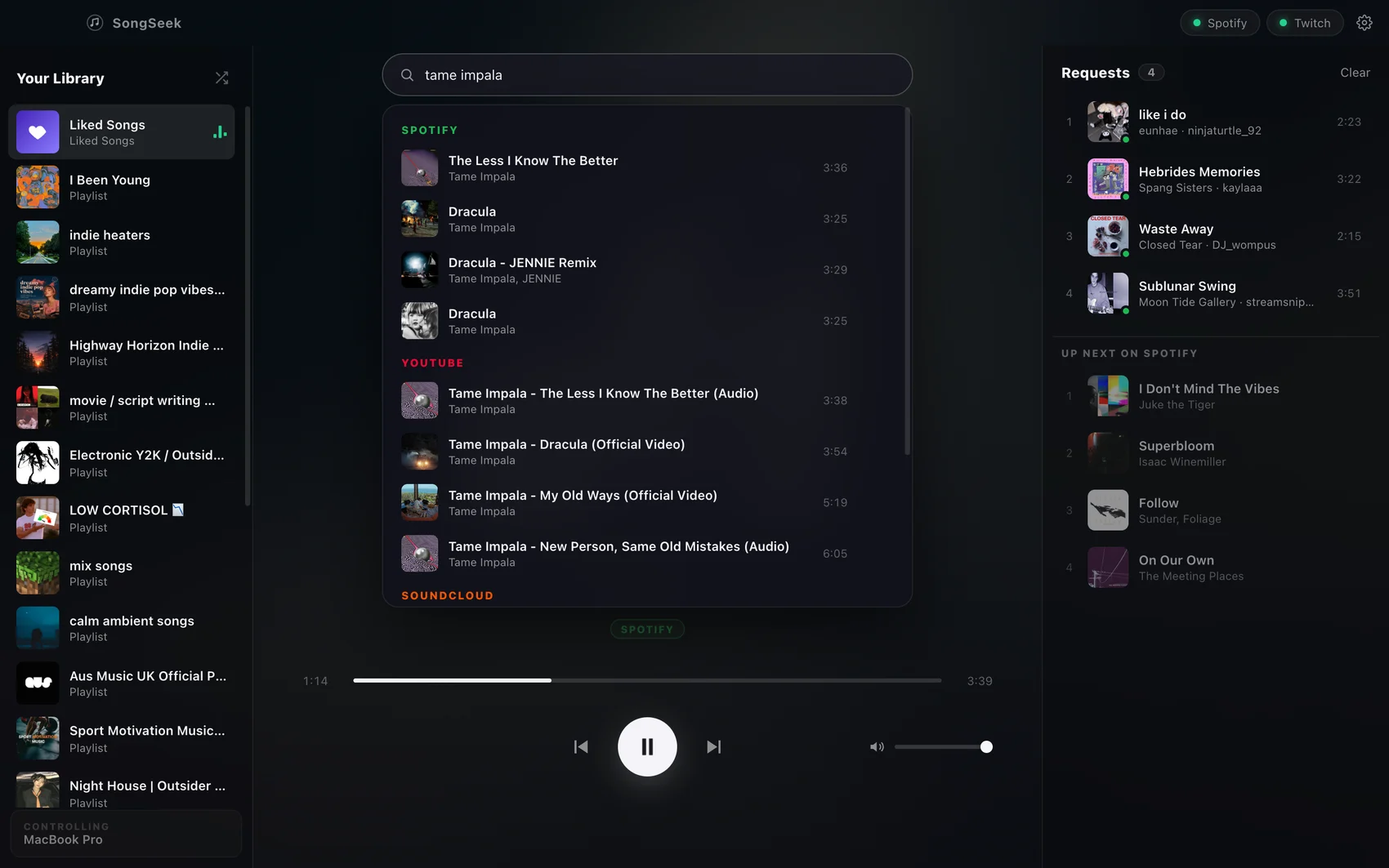 SongSeek search results showing matching tracks grouped by Spotify, YouTube and SoundCloud, with the Twitch request queue visible on the right