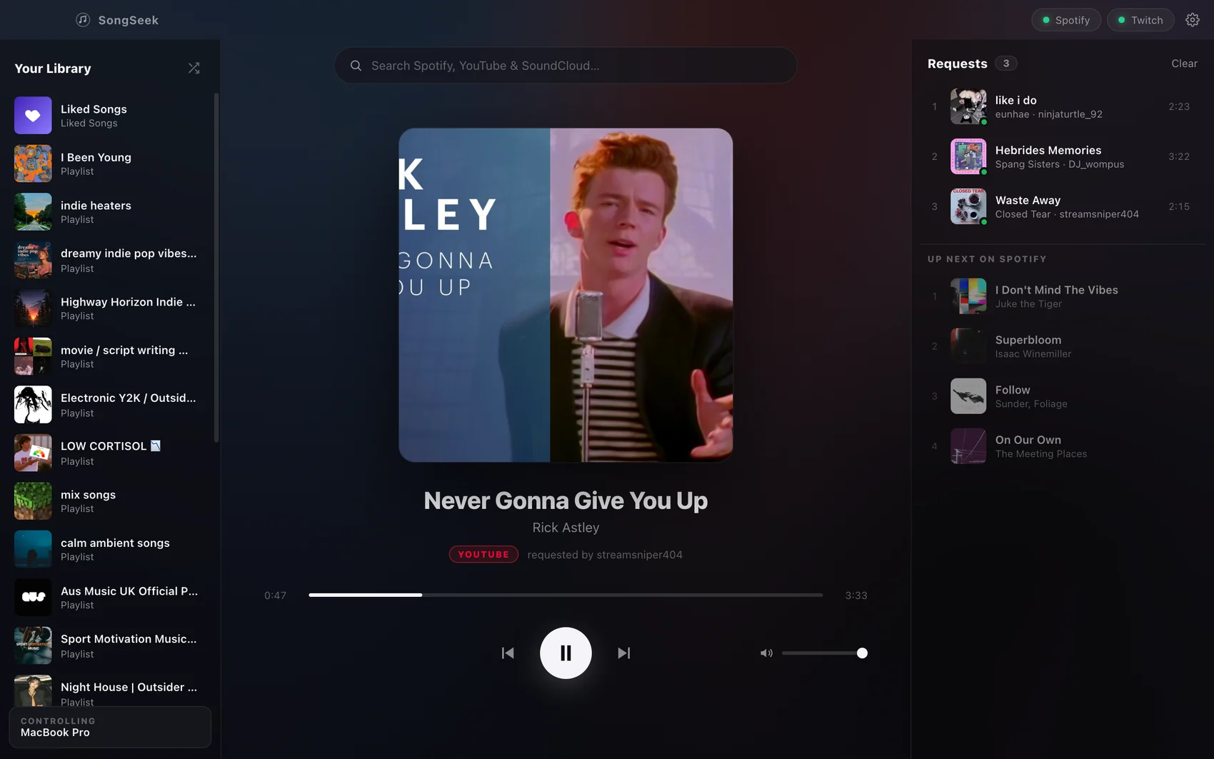 SongSeek playing a YouTube song request from a Twitch viewer, showing the YouTube source badge, the requester's name, and the remaining requests queued alongside Spotify's up-next list